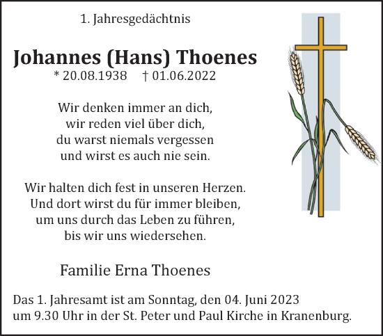 Traueranzeige von Johannes Hans Thoenes 