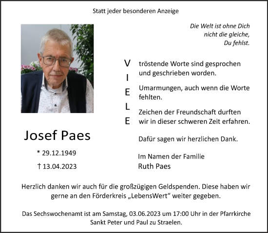 Traueranzeige von Josef Paes 