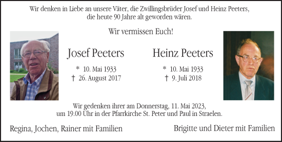 Traueranzeige von Josef und Heinz Peeters 