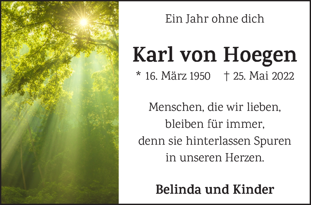  Traueranzeige für Karl von Hoegen vom 27.05.2023 aus 