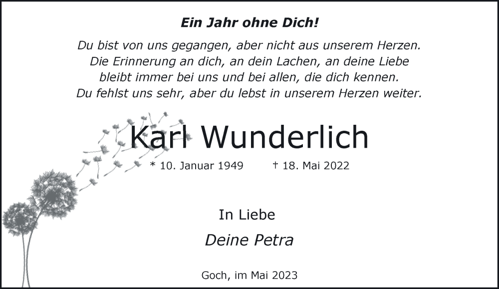  Traueranzeige für Karl Wunderlich vom 20.05.2023 aus 