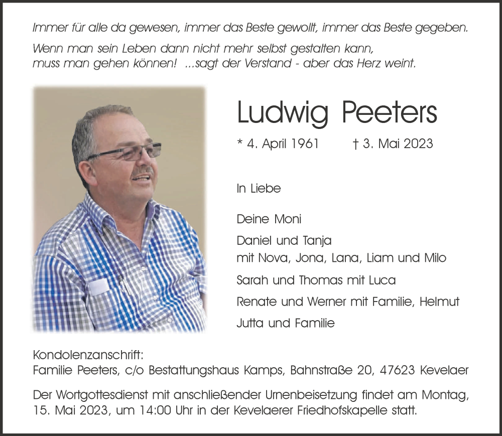  Traueranzeige für Ludwig Peeters vom 10.05.2023 aus 
