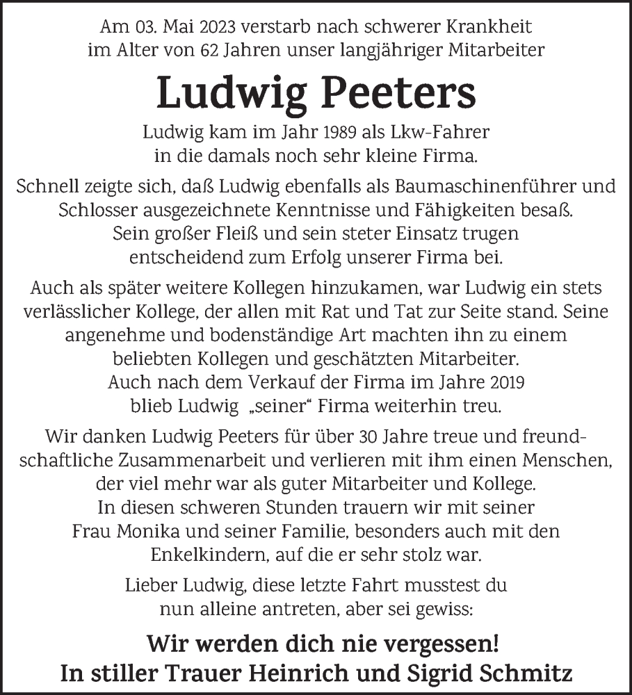  Traueranzeige für Ludwig Peeters vom 13.05.2023 aus 