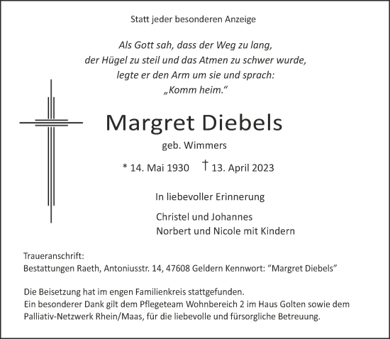 Traueranzeige von Margret Diebels 