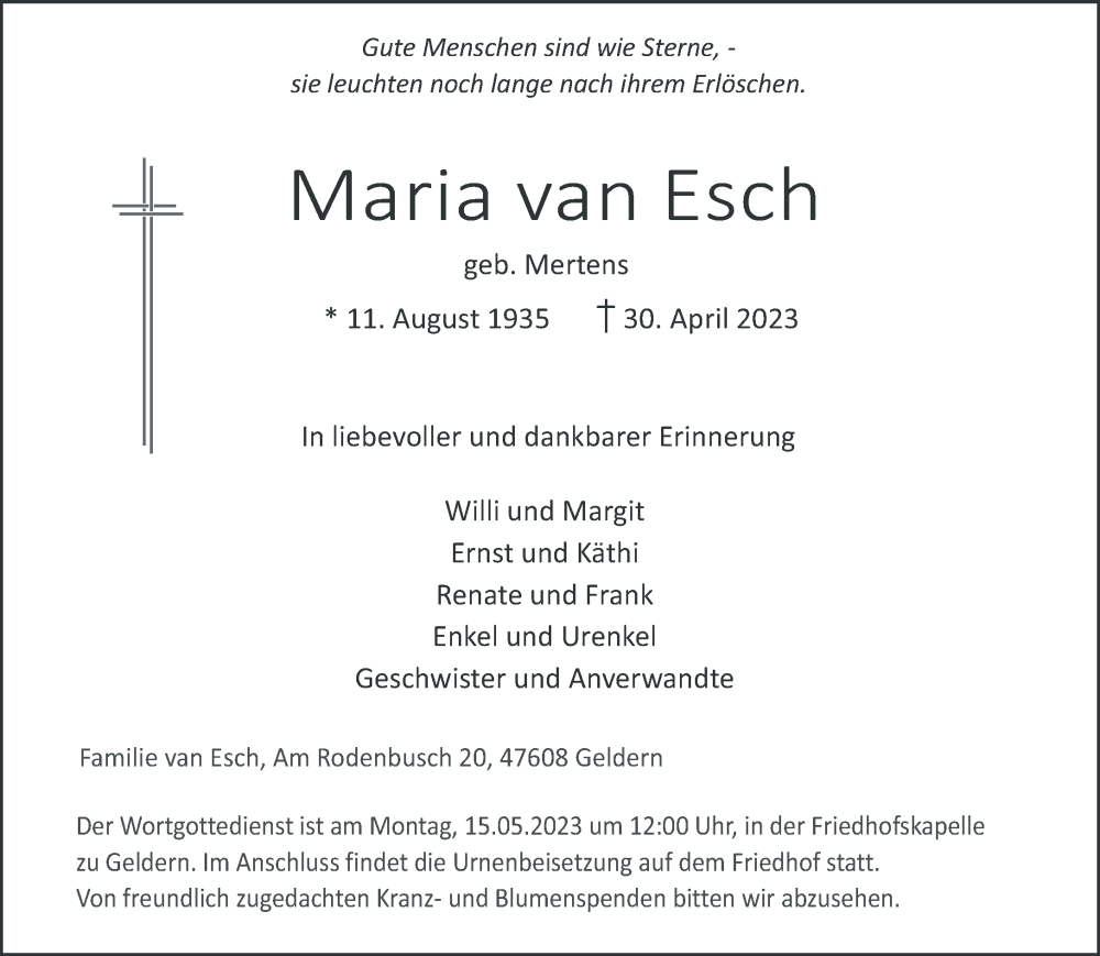  Traueranzeige für Maria van Esch vom 06.05.2023 aus 