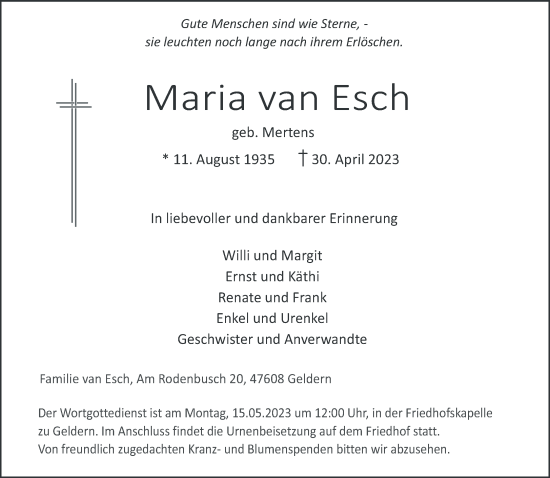 Traueranzeige von Maria van Esch 