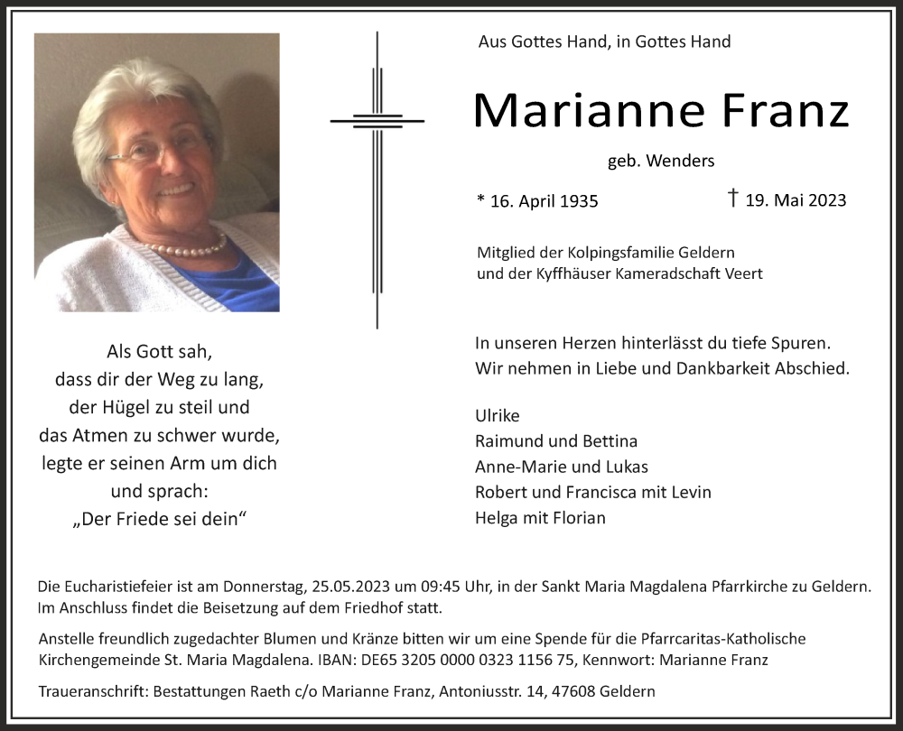  Traueranzeige für Marianne Franz vom 24.05.2023 aus 