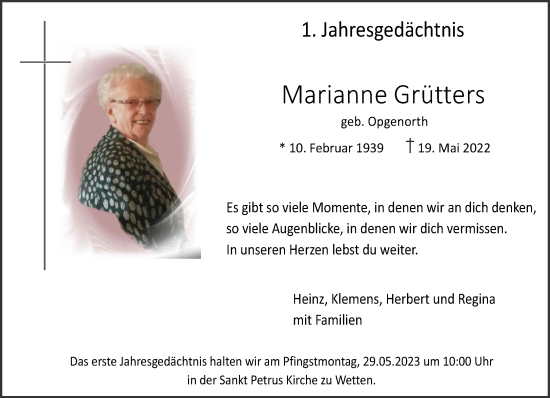 Traueranzeige von Marianne Grütters 
