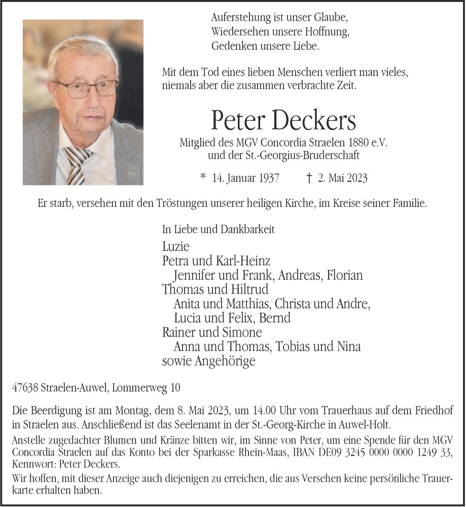  Traueranzeige für Peter Deckers vom 06.05.2023 aus 
