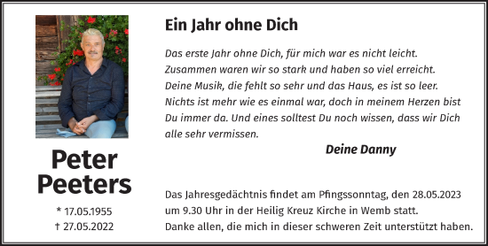 Traueranzeige von Peter Peeters 