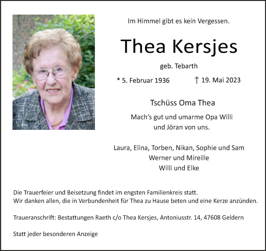Traueranzeige von Thea Kersjes 
