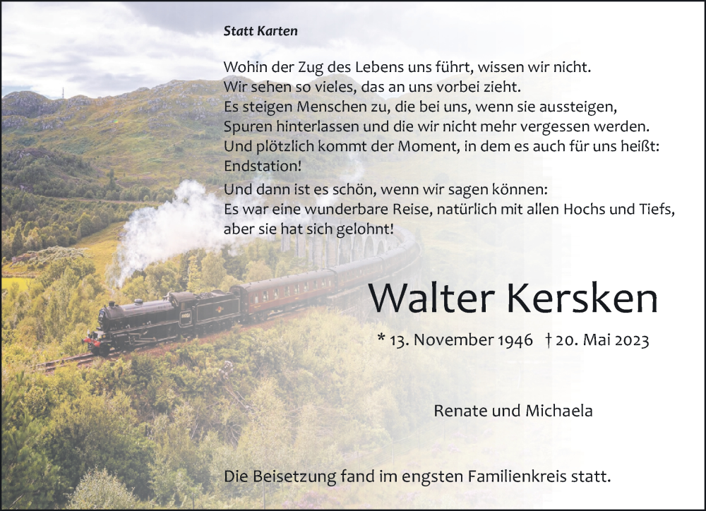  Traueranzeige für Walter Kersken vom 31.05.2023 aus 