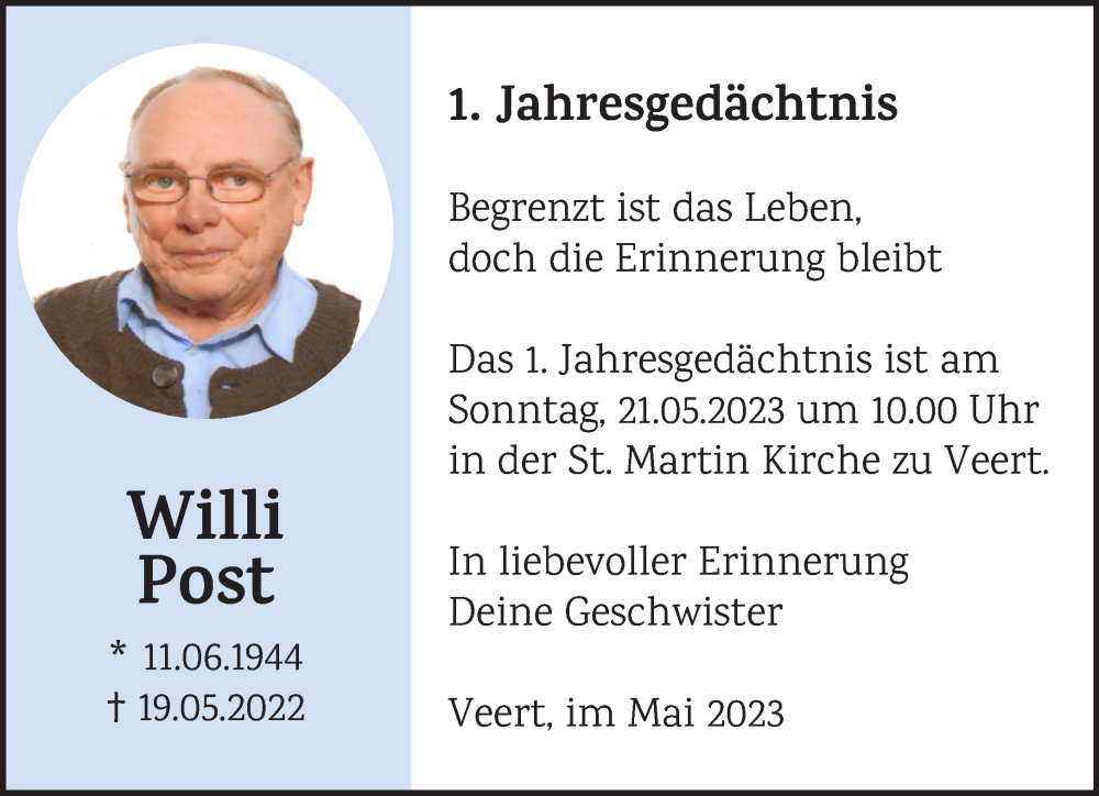  Traueranzeige für Willi Post vom 20.05.2023 aus 