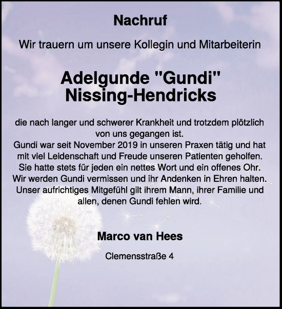 Traueranzeige von Adelgunde Nissing-Hendricks von NNA