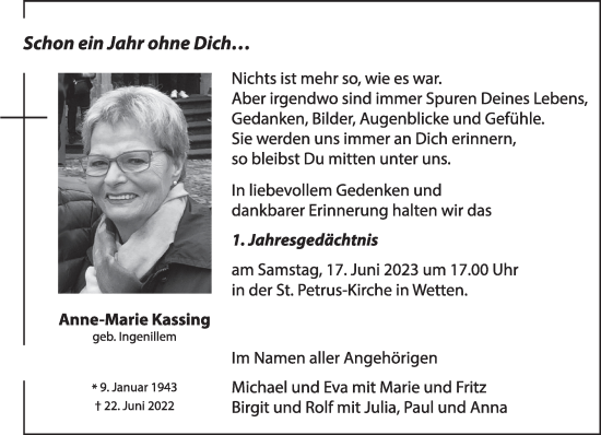 Traueranzeige von Anne-Marie Kassing 