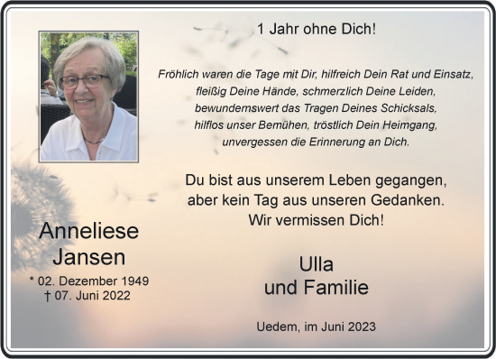 Traueranzeige von Anneliese Jansen 