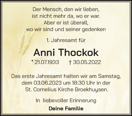 Traueranzeige von Anni Thockok 