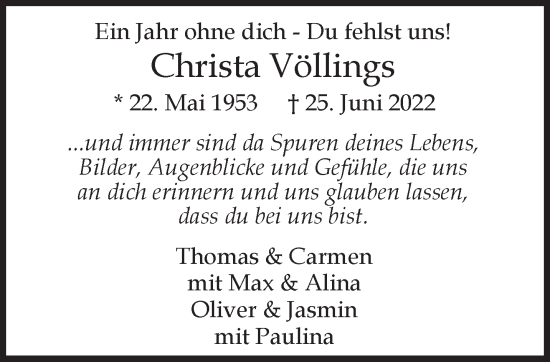 Traueranzeige von Christa Völlings 