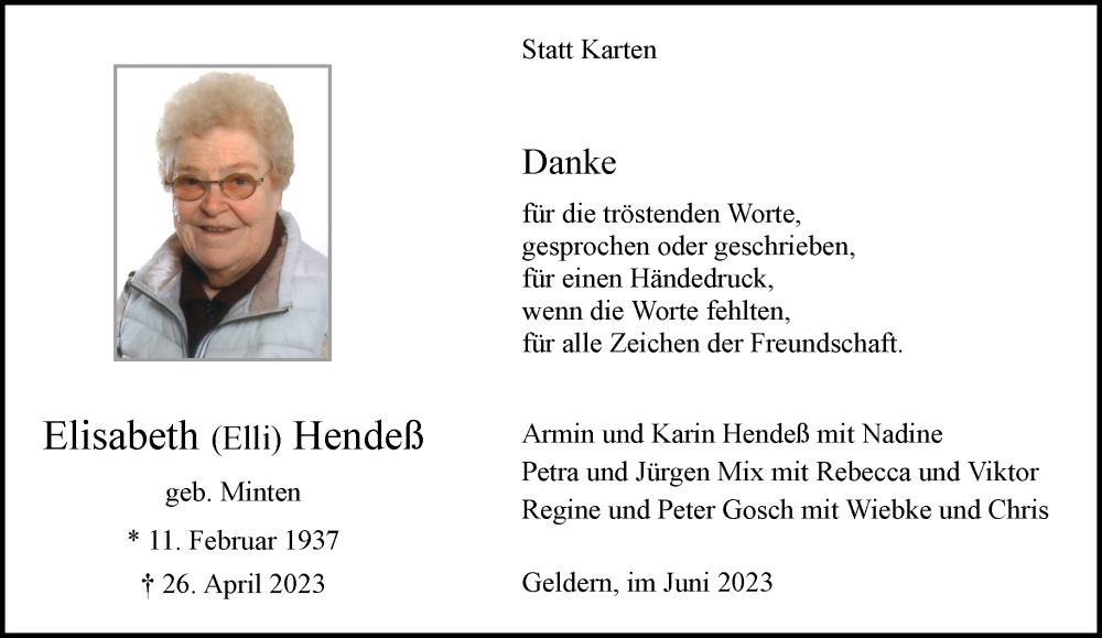  Traueranzeige für Elisabeth Hendeß vom 03.06.2023 aus 