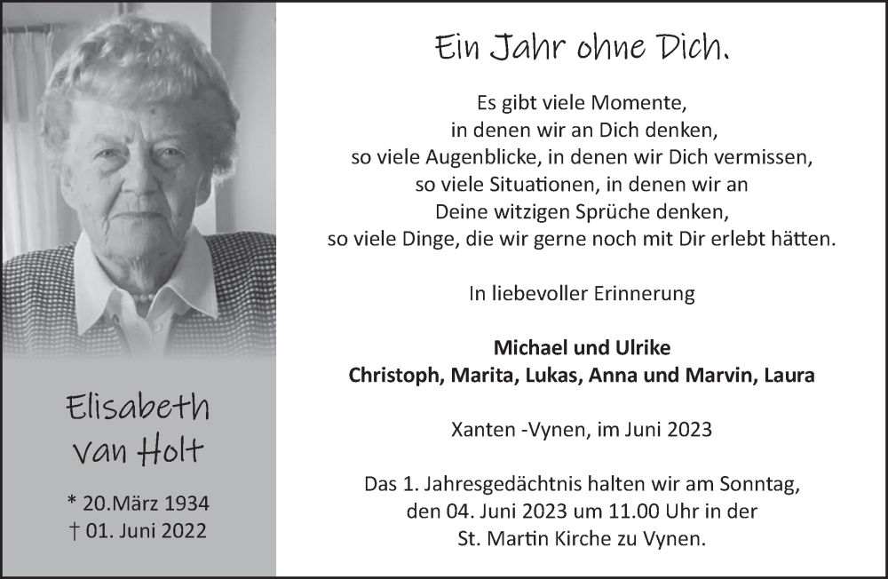  Traueranzeige für Elisabeth van Holt vom 03.06.2023 aus 