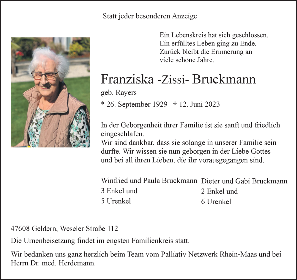  Traueranzeige für Franziska Bruckmann vom 17.06.2023 aus 