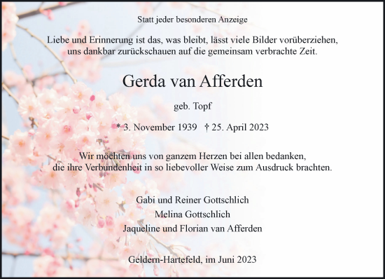 Traueranzeige von Gerda van Afferden 