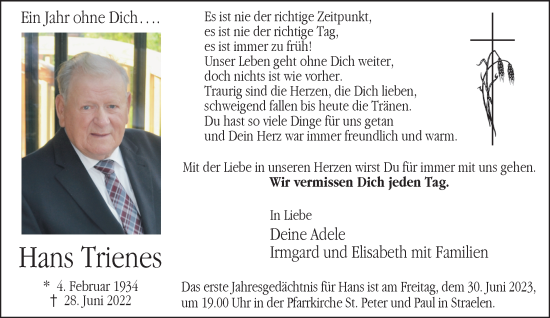 Traueranzeige von Hans Trienes 