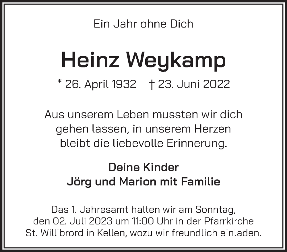  Traueranzeige für Heinz Weykamp vom 24.06.2023 aus 