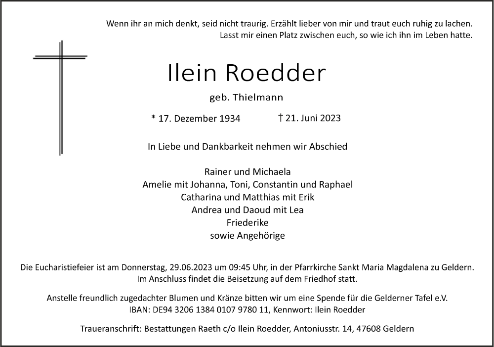  Traueranzeige für Ilein Roedder vom 28.06.2023 aus NNA
