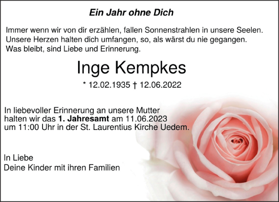 Traueranzeige von Inge Kempkes 