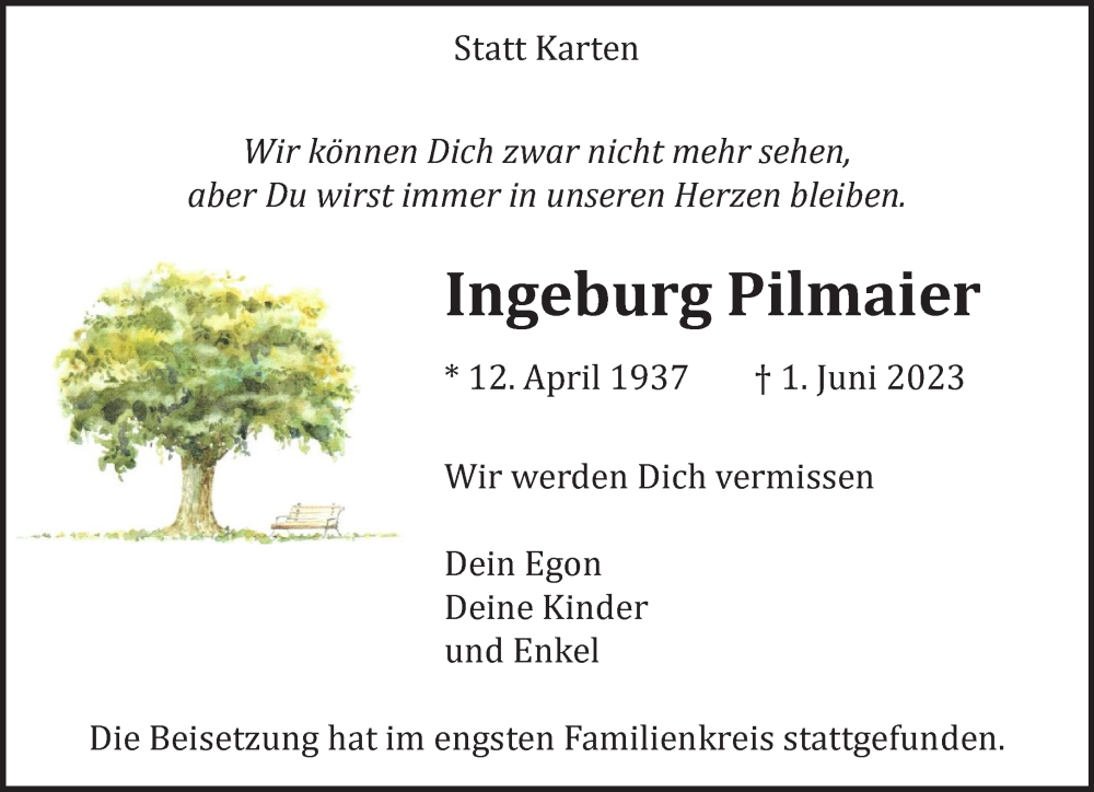  Traueranzeige für Ingeburg Pilmaier vom 10.06.2023 aus 