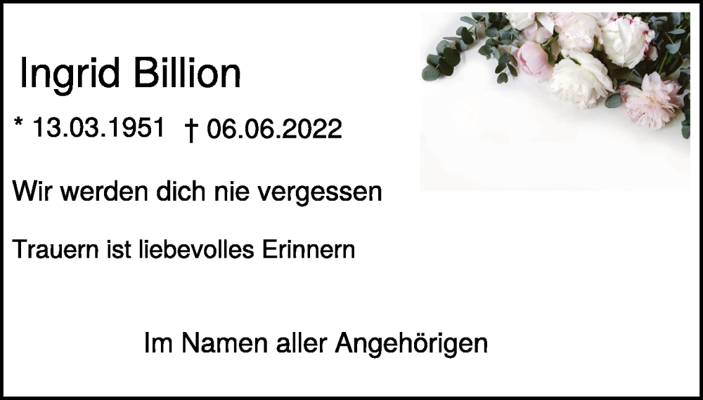  Traueranzeige für Ingrid Billion vom 03.06.2023 aus 