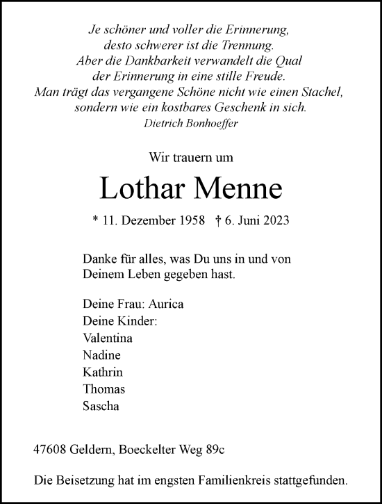 Traueranzeige von Lothar Menne 