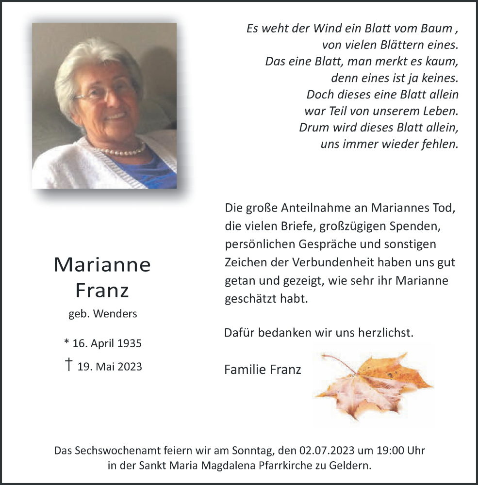  Traueranzeige für Marianne Franz vom 24.06.2023 aus 