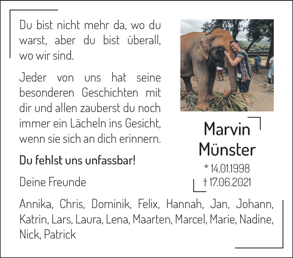  Traueranzeige für Marvin Münster vom 17.06.2023 aus 