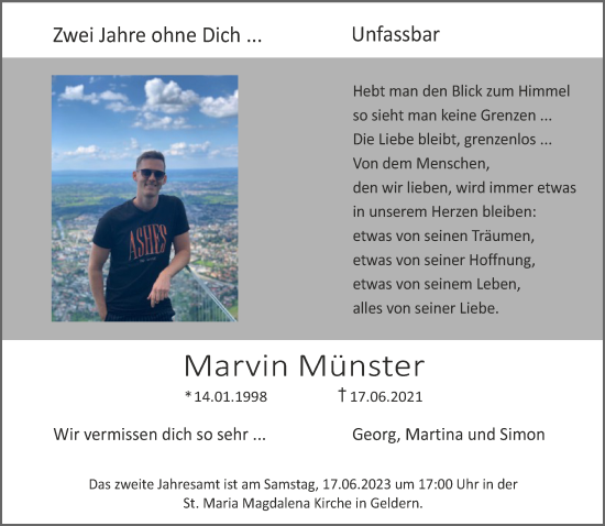 Traueranzeige von Marvin Münster 