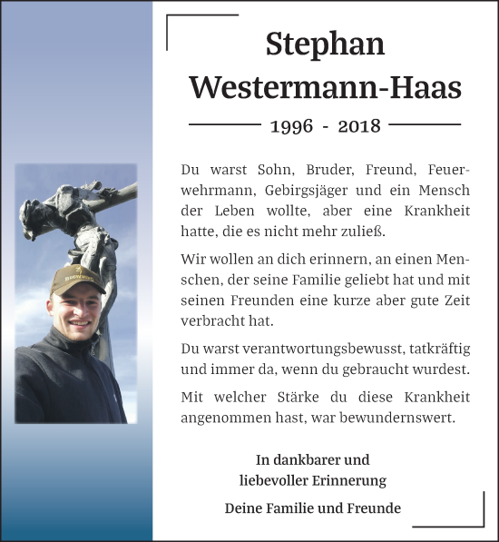 Traueranzeige von Stephan Westermann-Haas 
