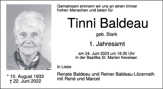 Traueranzeige von Tinni Baldeau 