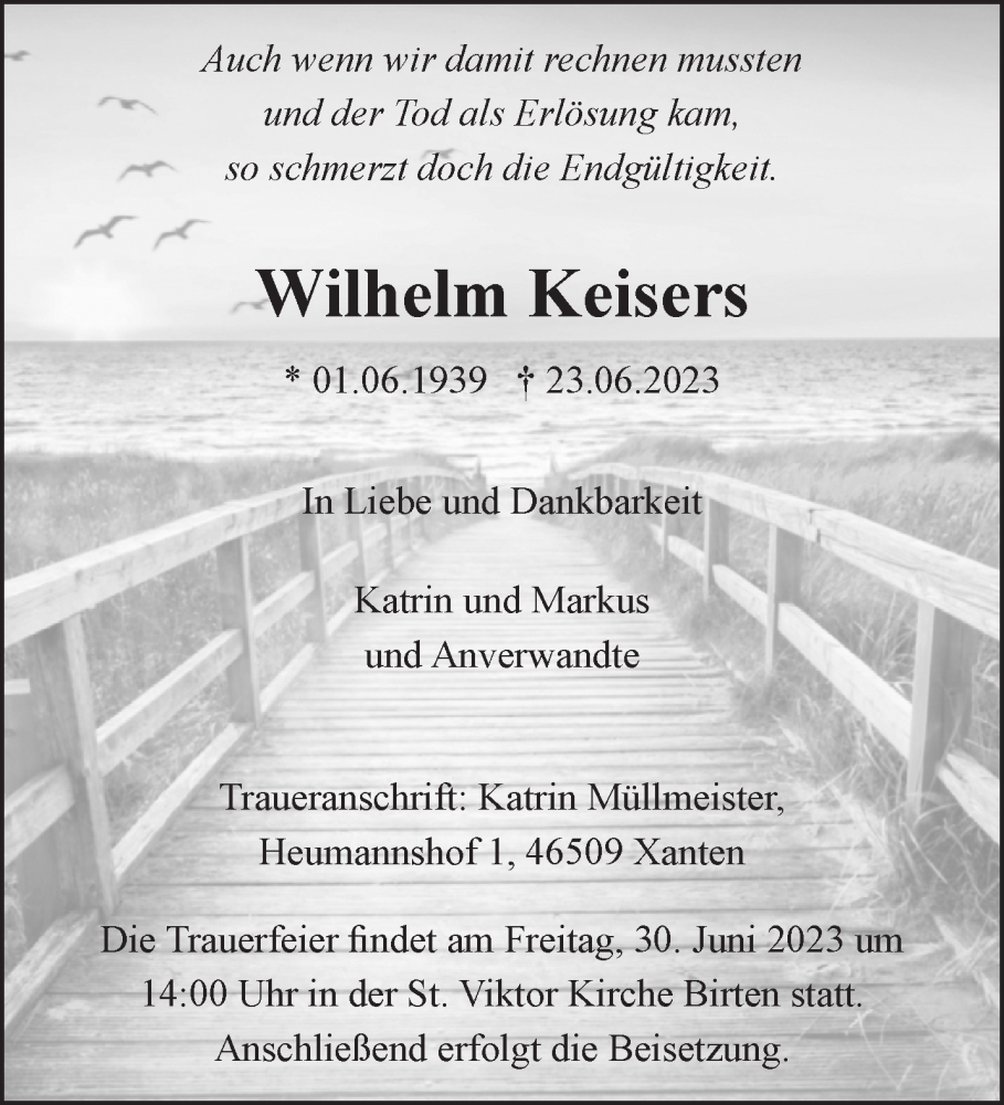  Traueranzeige für Wilhelm Keisers vom 28.06.2023 aus NNA