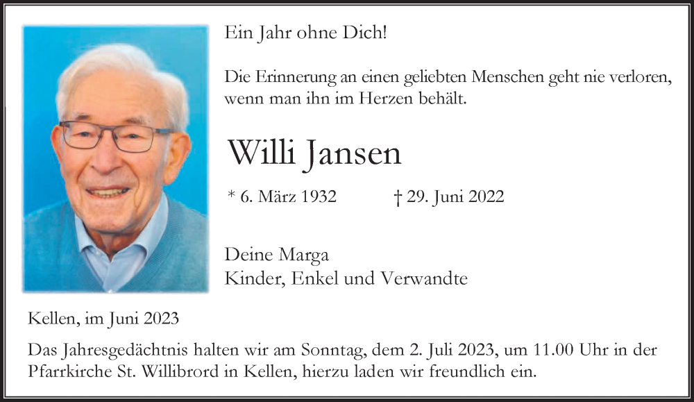  Traueranzeige für Willi Jansen vom 24.06.2023 aus 