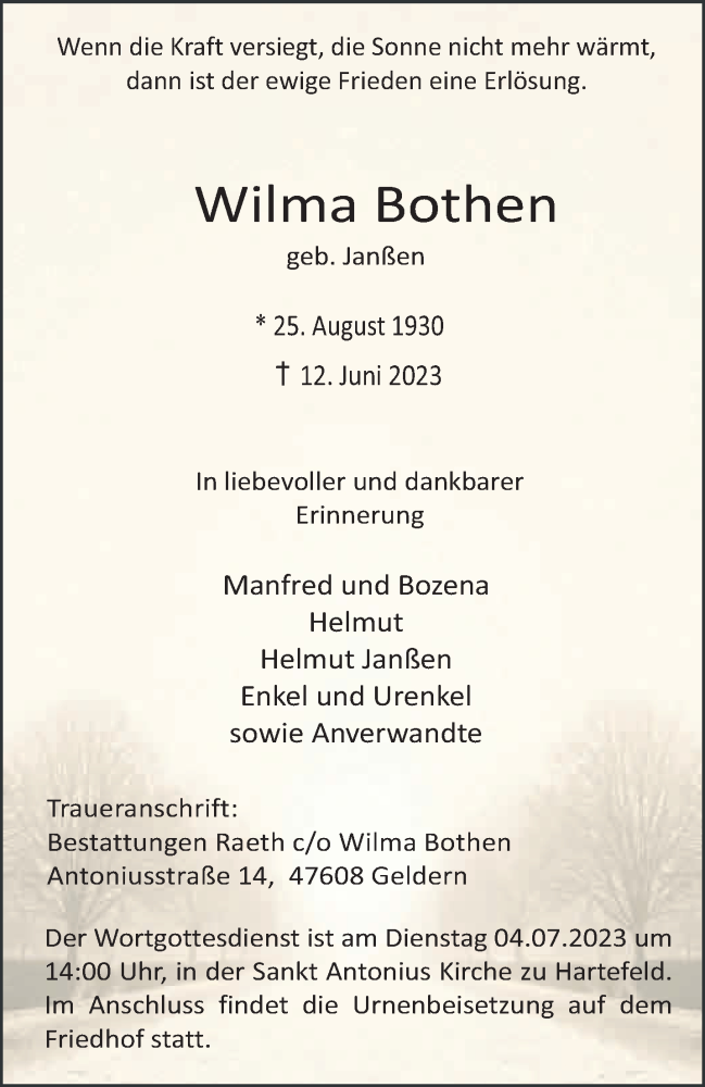  Traueranzeige für Wilma Bothen vom 24.06.2023 aus 