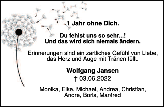 Traueranzeige von Wolfgang Jansen 