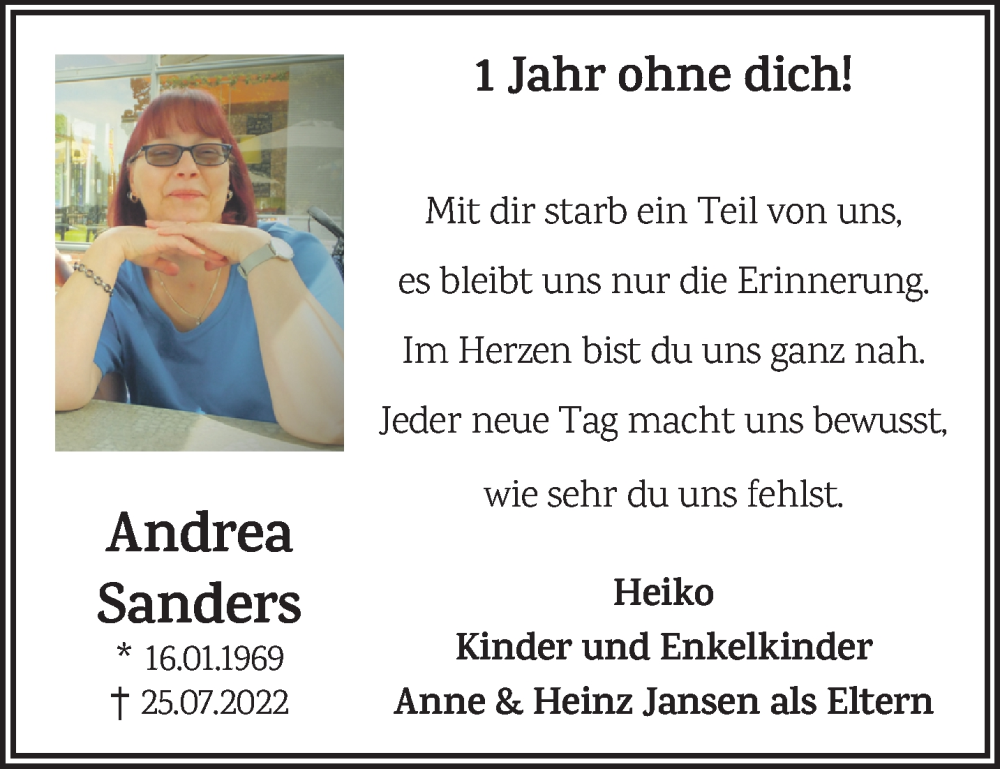  Traueranzeige für Andrea Sanders vom 26.07.2023 aus NNA