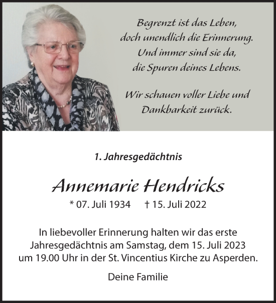 Traueranzeige von Annemarie Hendricks von NNA