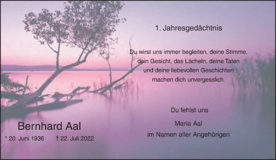 Traueranzeige von Bernhard Aal von NNA