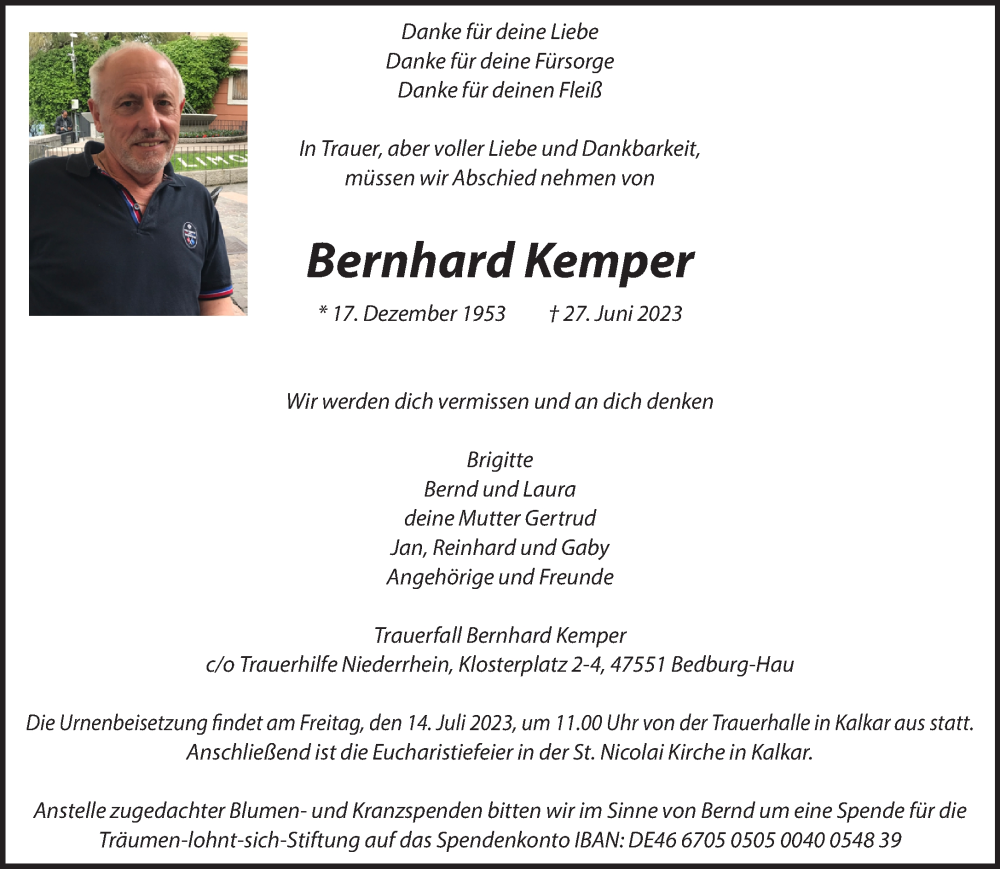  Traueranzeige für Bernhard Kemper vom 08.07.2023 aus NNA