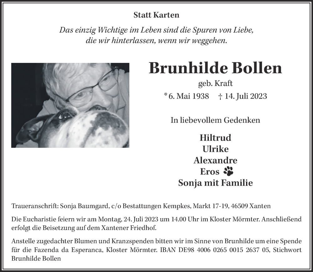  Traueranzeige für Brunhilde Bollen vom 22.07.2023 aus NNA