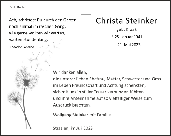 Traueranzeige von Christa Steinker von NNA