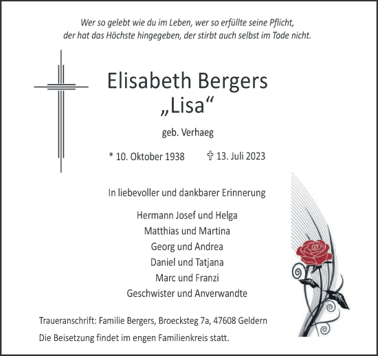 Traueranzeige von Elisabeth Bergers von NNA