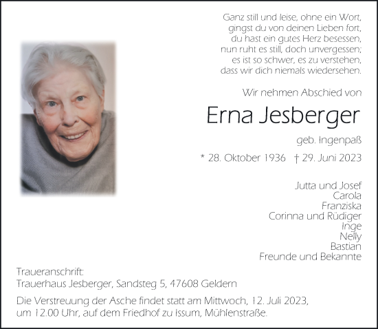 Traueranzeige von Erna Jesberger von NNA